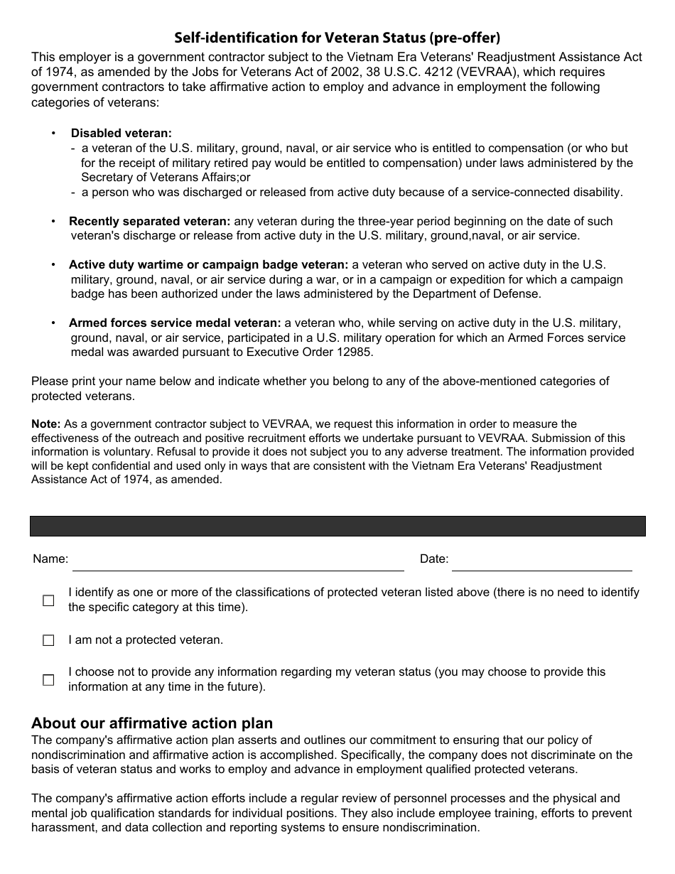 Self-identification Form for Veteran Status (Pre-employment Offer), Page 1