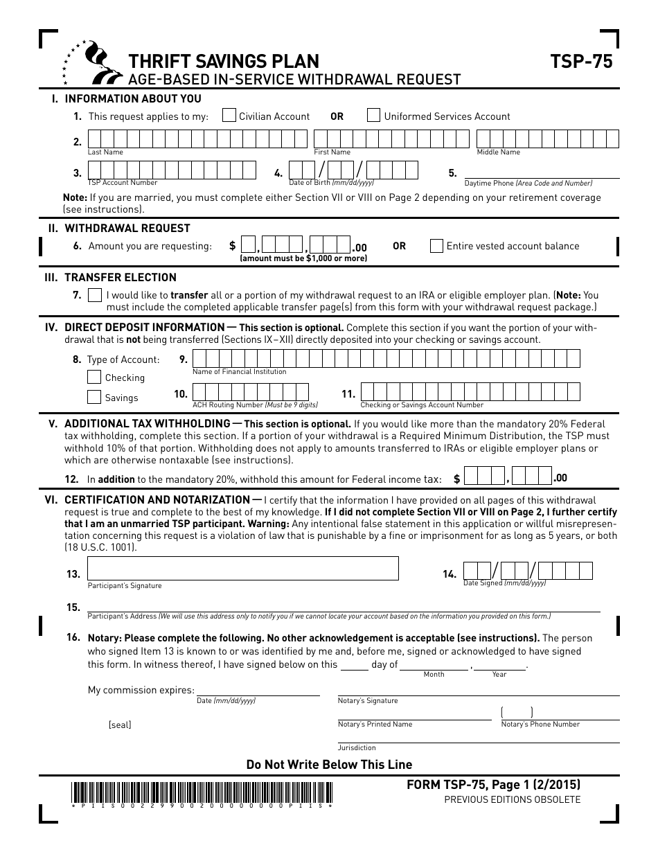 Form TSP-75 Age-Based In-Service Withdrawal Request, Page 1