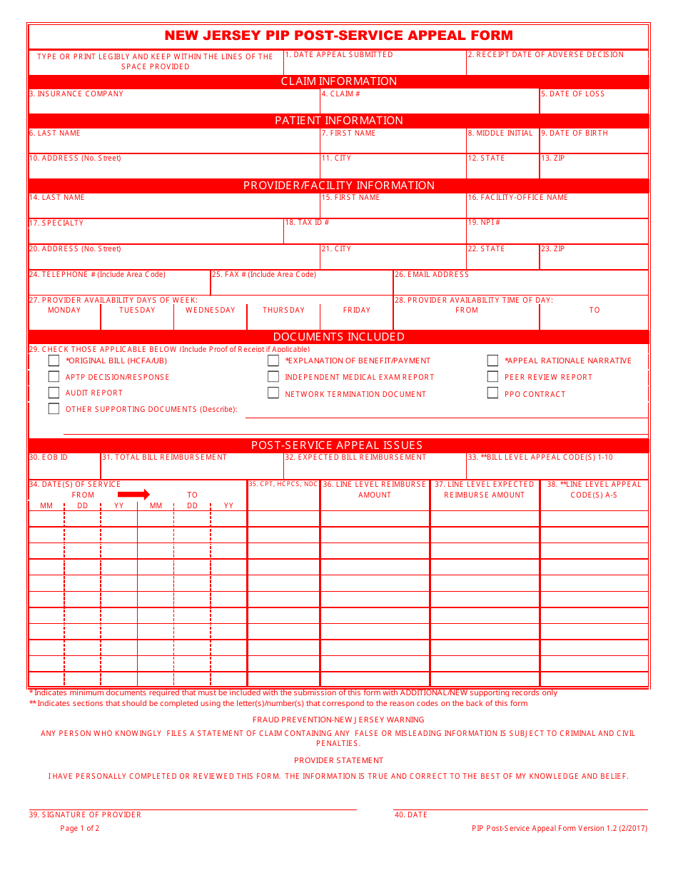 Pip Post-service Appeal Form - New Jersey, Page 1