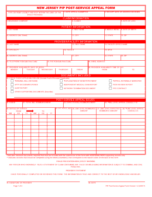 Pip Post-service Appeal Form - New Jersey Download Pdf