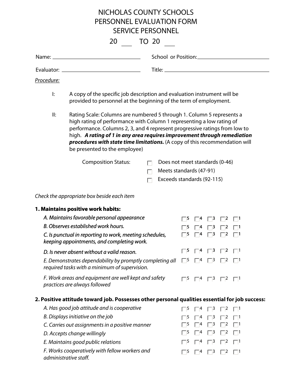 Service Personnel Evaluation Form - Nicholas County Schools, Page 1