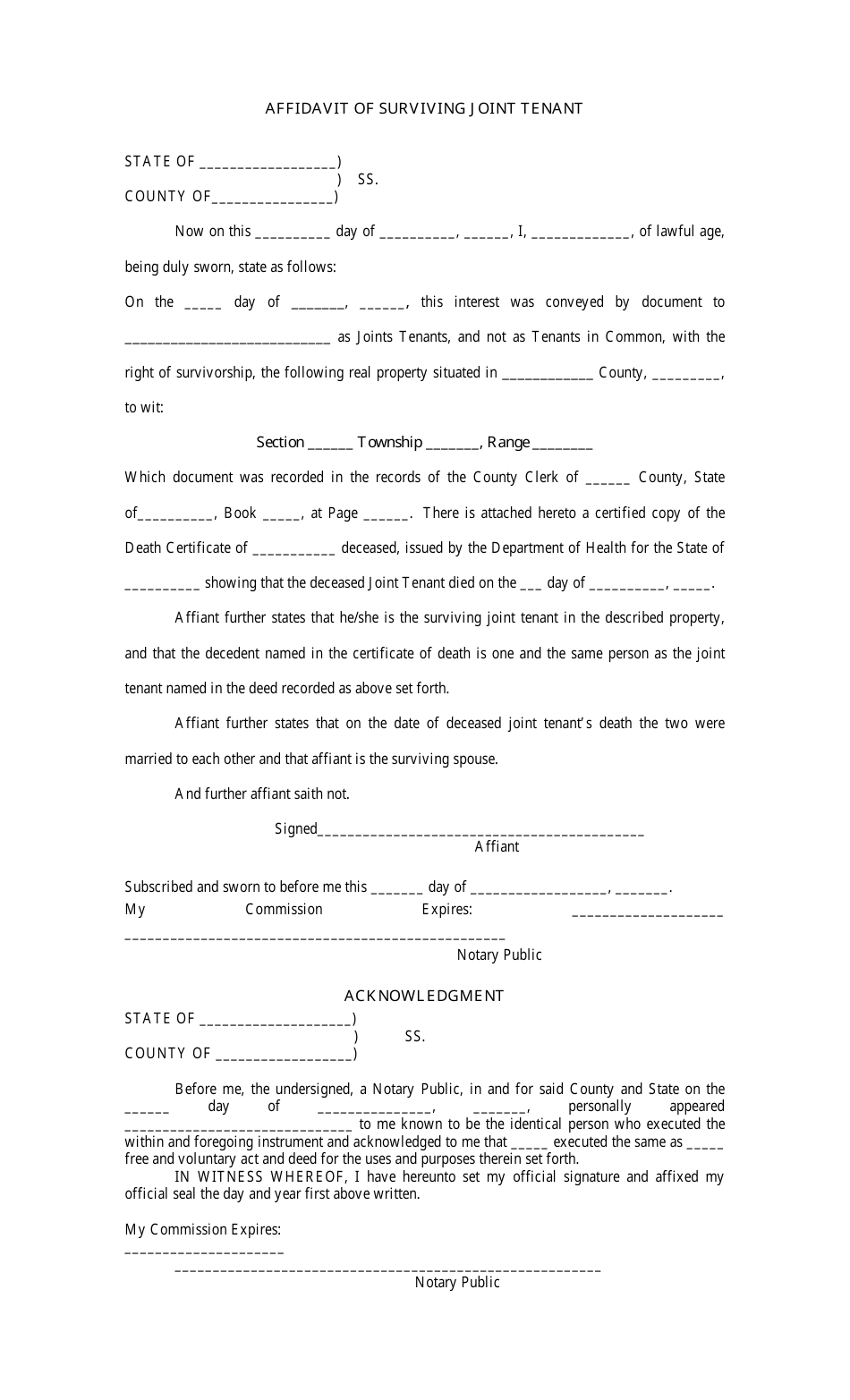 Affidavit of Surviving Joint Tenant Form, Page 1