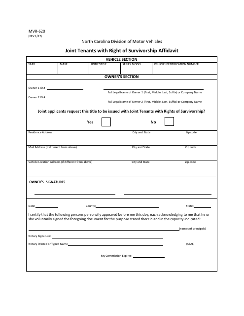 Form MVR-620 Joint Tenants With Right of Survivorship Affidavit - North Carolina