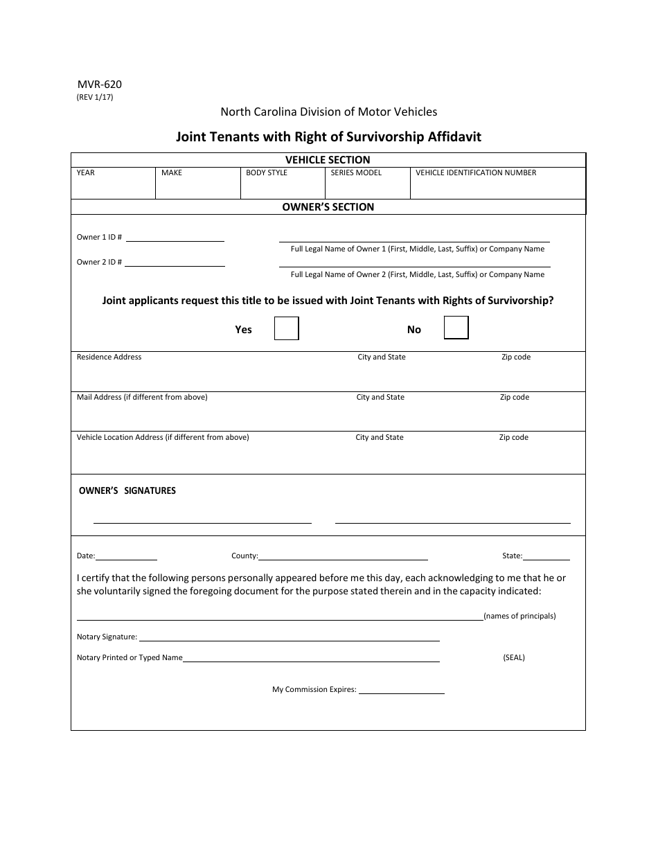 Form MVR-620 Joint Tenants With Right of Survivorship Affidavit - North Carolina, Page 1
