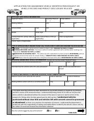 Form MV-220 &quot;Application for Abandoned Vehicle Identification Request or Vehicle Record and Privacy Disclosure Release&quot; - Wyoming