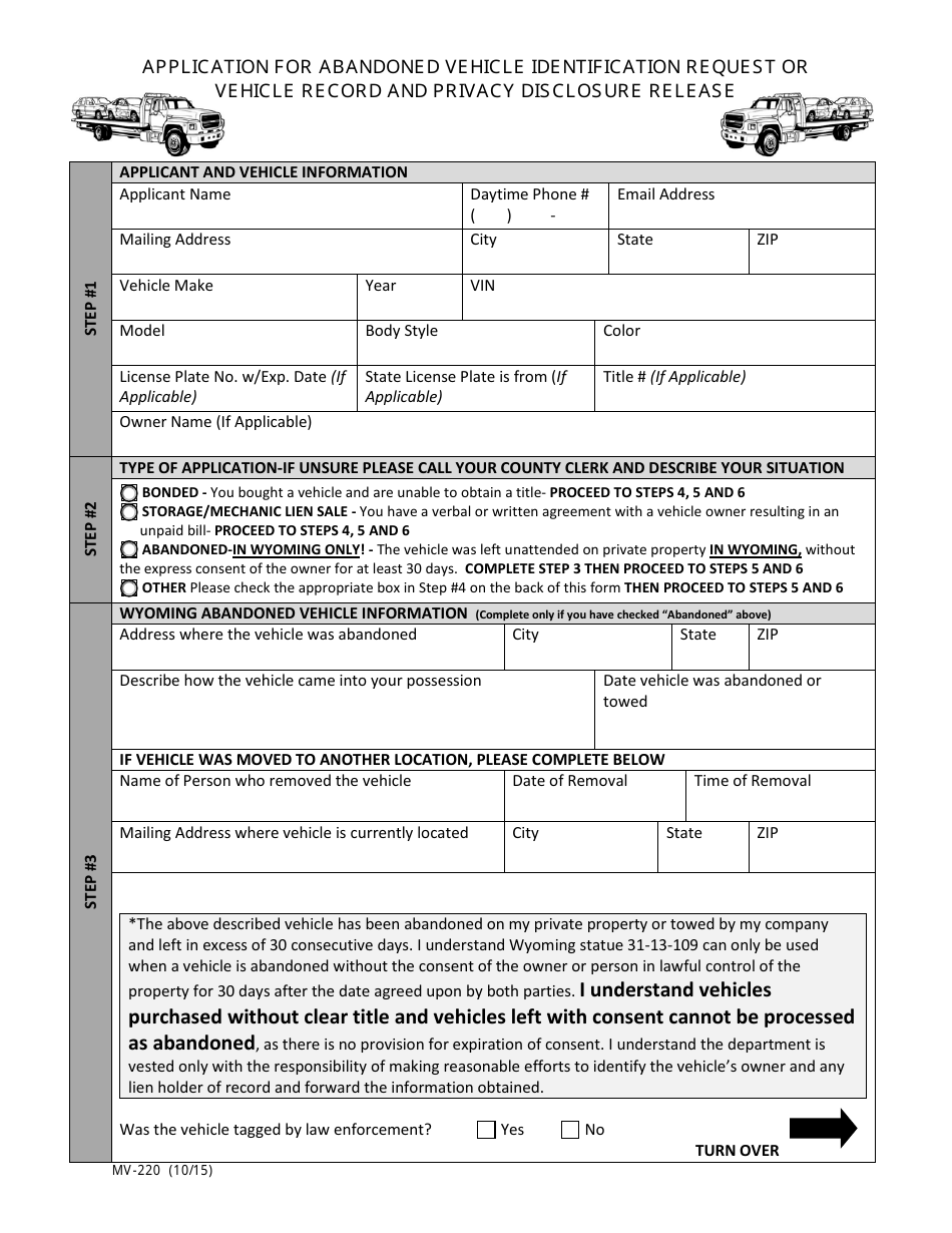 Form MV-220 Application for Abandoned Vehicle Identification Request or Vehicle Record and Privacy Disclosure Release - Wyoming, Page 1