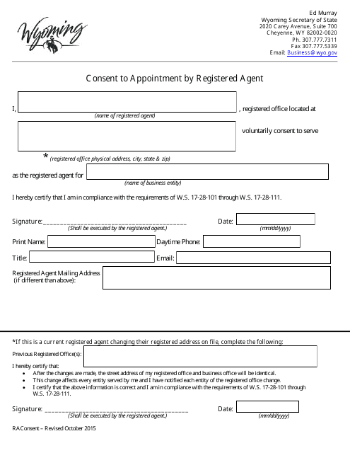 Consent to Appointment by Registered Agent Form - Wyoming