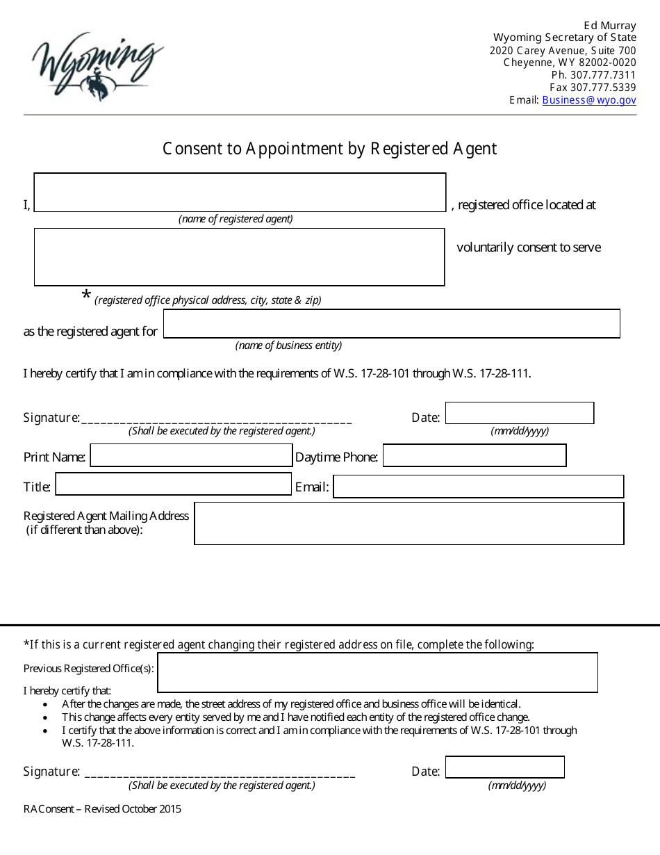 Consent to Appointment by Registered Agent Form - Wyoming, Page 1