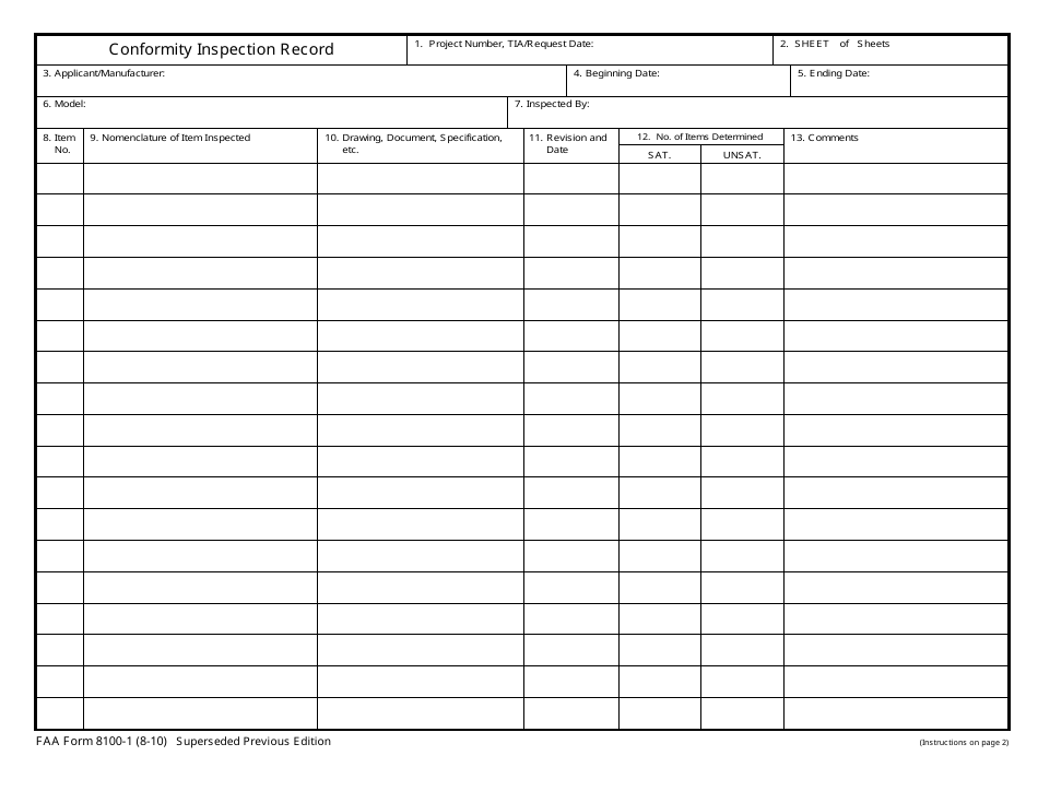 FAA Form 8100-1 Conformity Inspection Record, Page 1