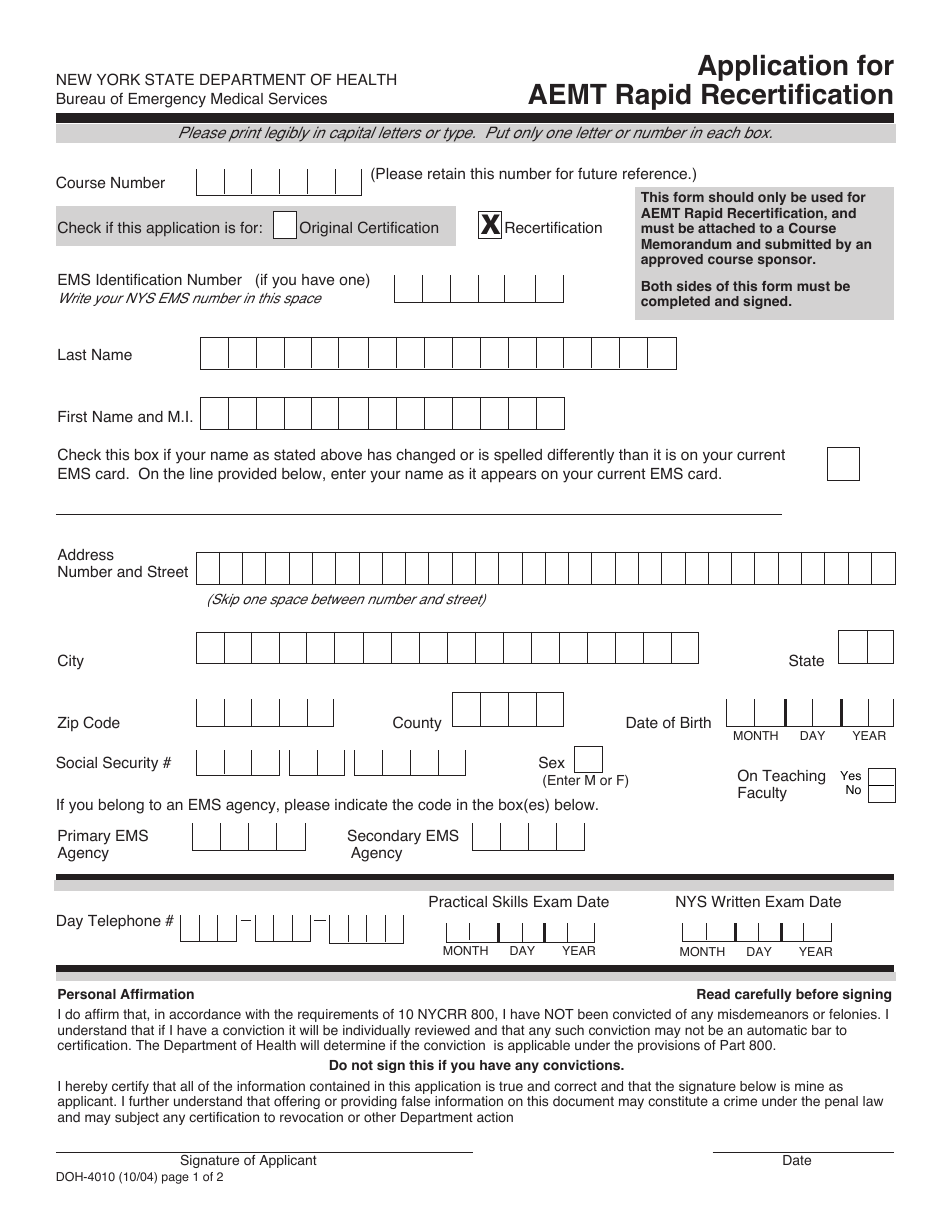 Form DOH-4010 Application for Aemt Rapid Recertification - New York, Page 1