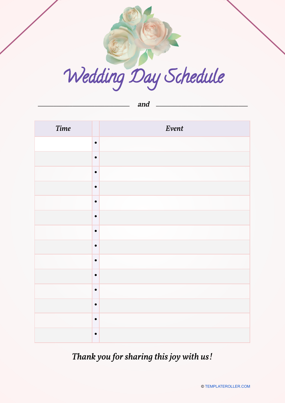 Wedding Day Schedule Template - Roses