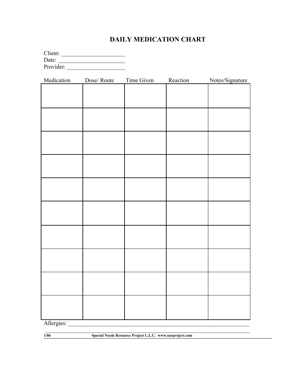 Daily Medication Chart - Printable Medical Record Template