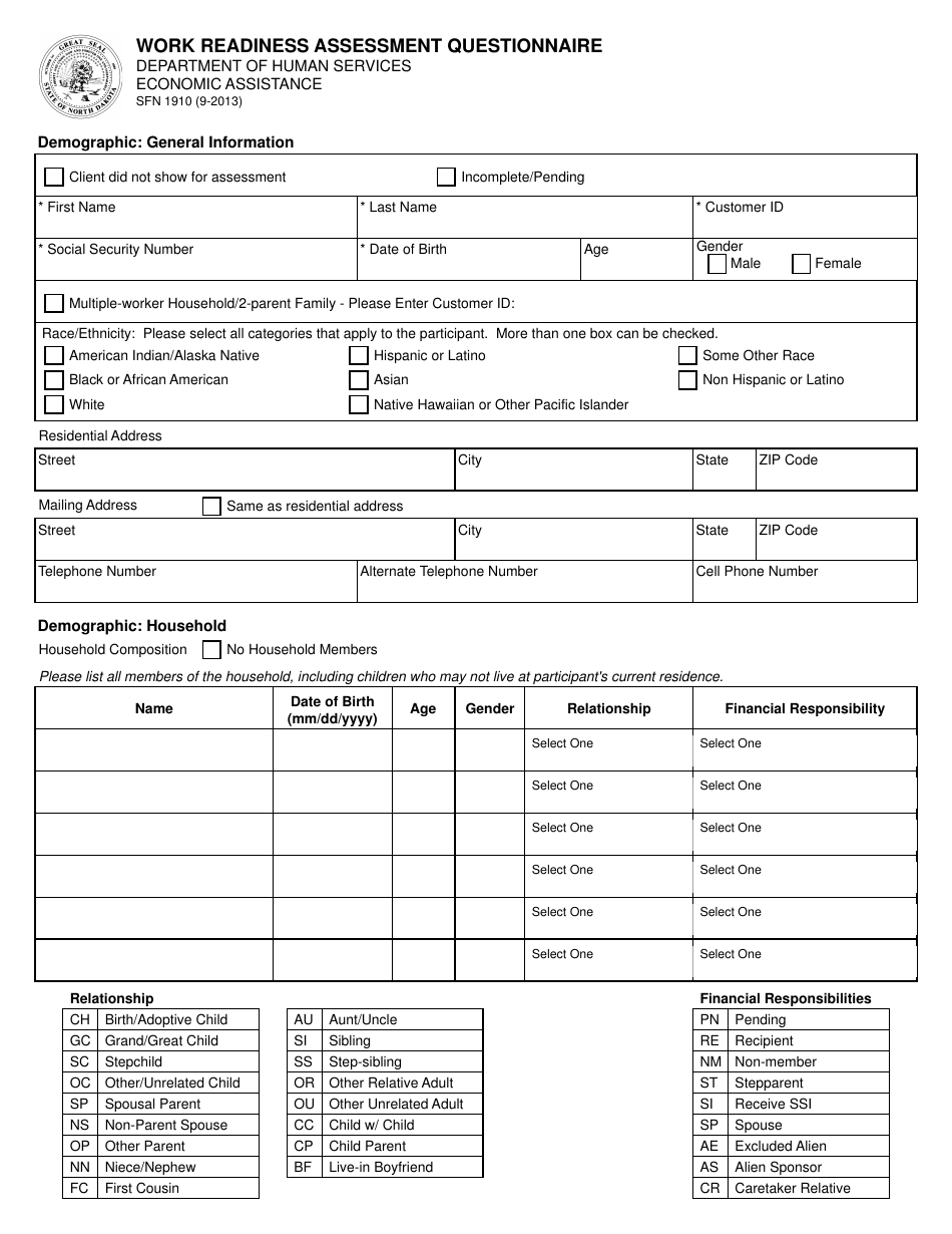 Form SFN1910 Work Readiness Assessment Questionnaire - North Dakota, Page 1