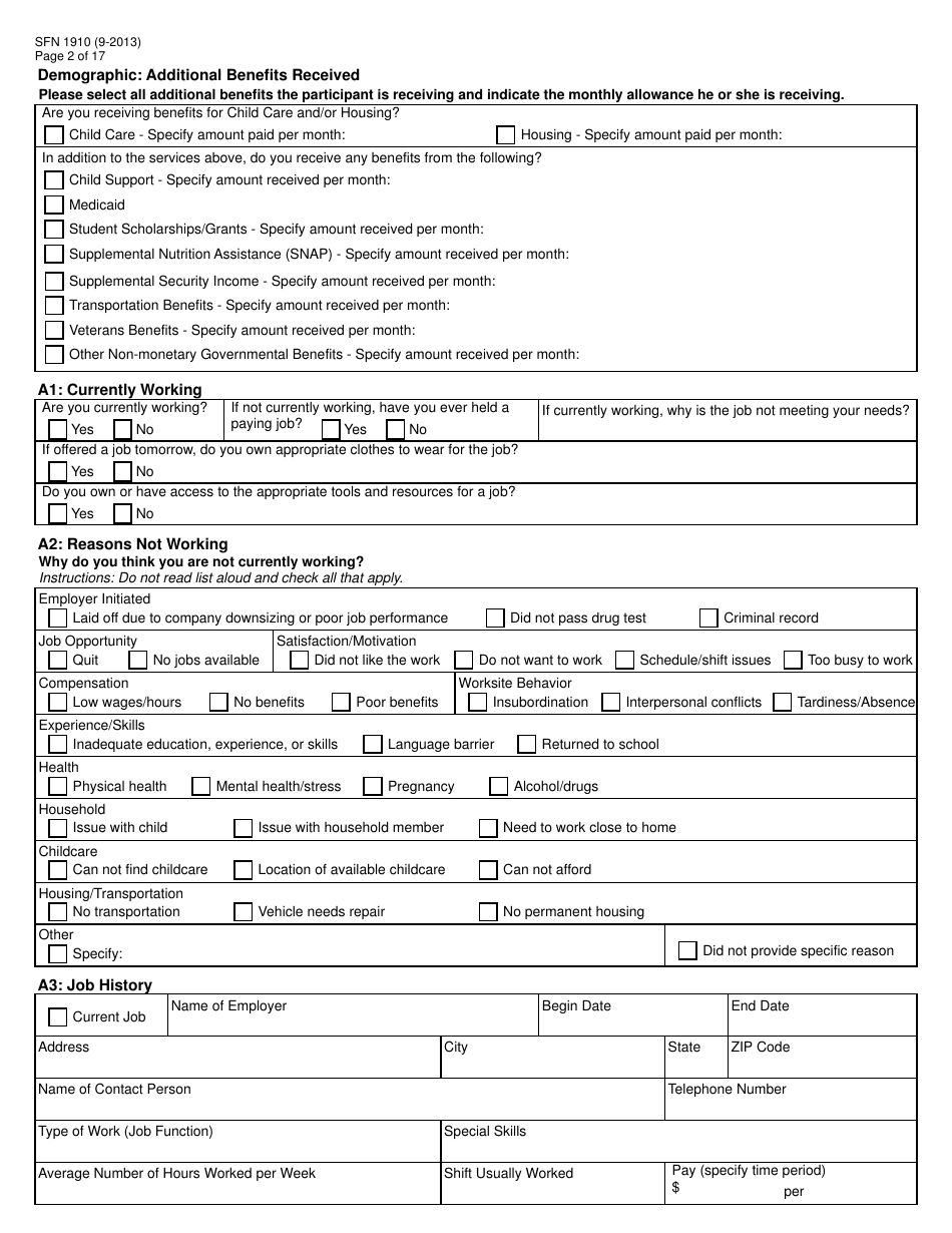 Form SFN1910 Work Readiness Assessment Questionnaire - North Dakota, Page 2