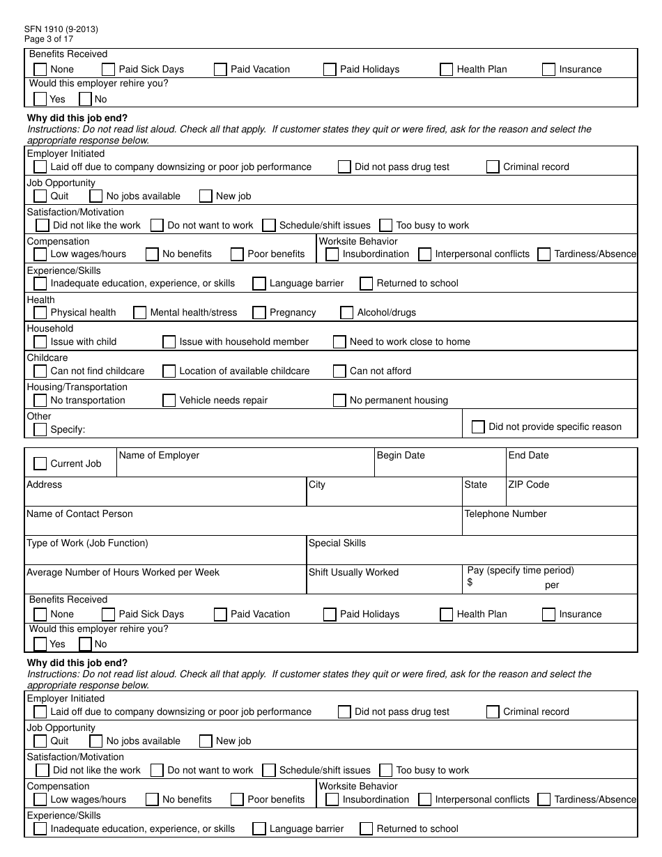 Form SFN1910 Work Readiness Assessment Questionnaire - North Dakota, Page 3