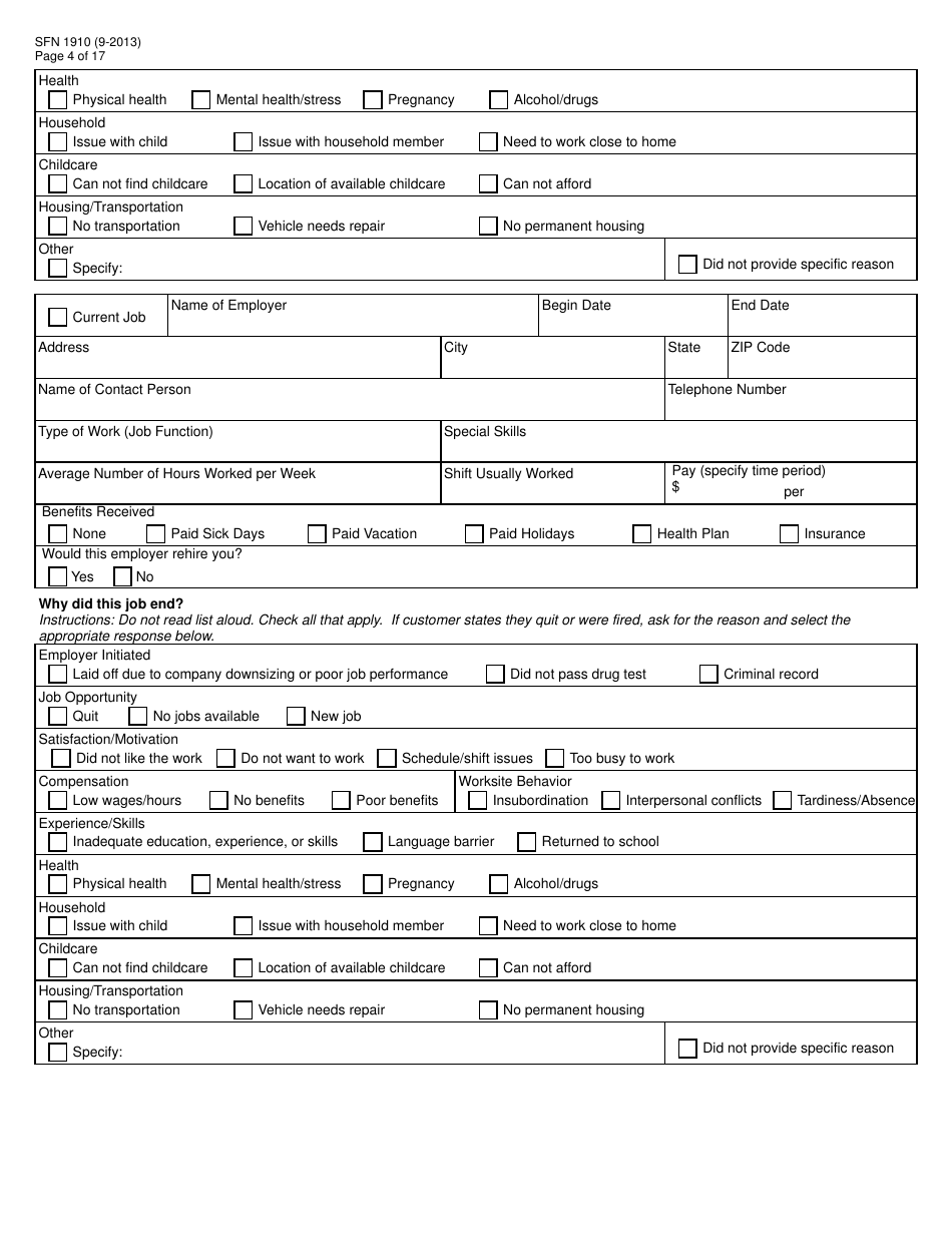 Form SFN1910 Work Readiness Assessment Questionnaire - North Dakota, Page 4