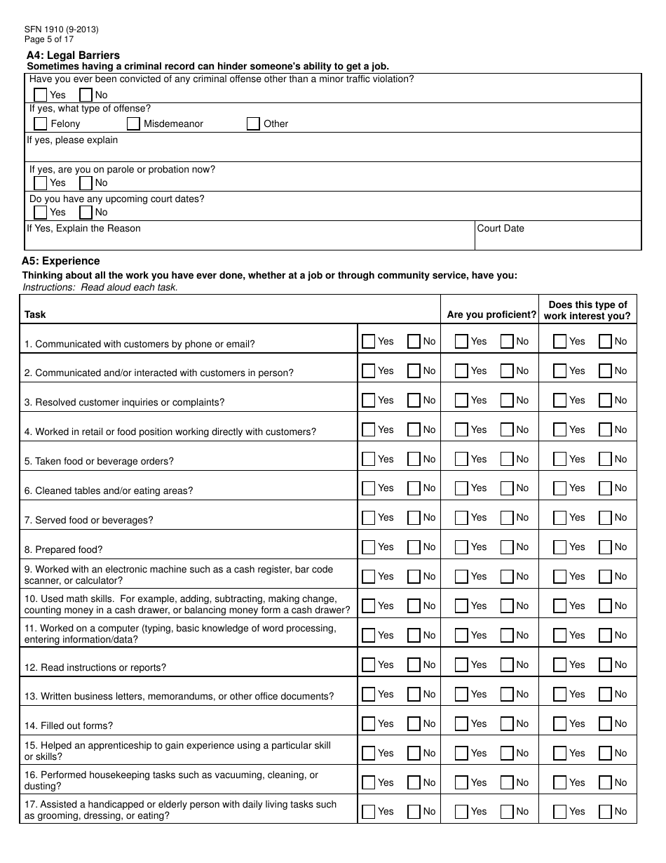 Form SFN1910 Work Readiness Assessment Questionnaire - North Dakota, Page 5