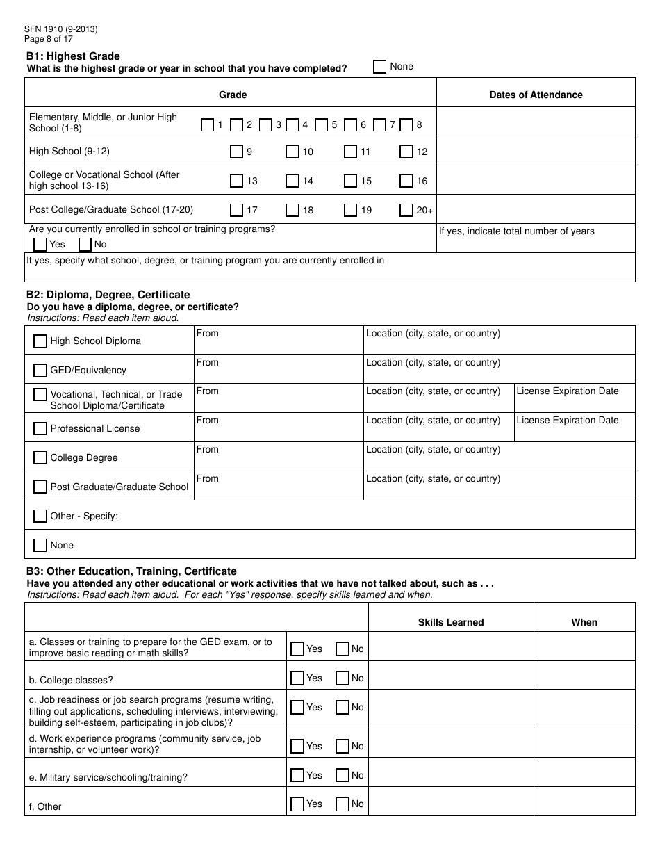 Form SFN1910 Work Readiness Assessment Questionnaire - North Dakota, Page 8