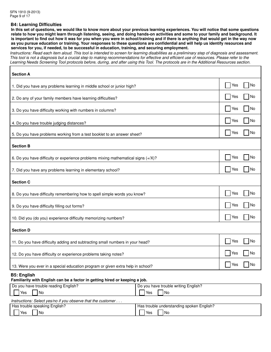 Form SFN1910 Work Readiness Assessment Questionnaire - North Dakota, Page 9
