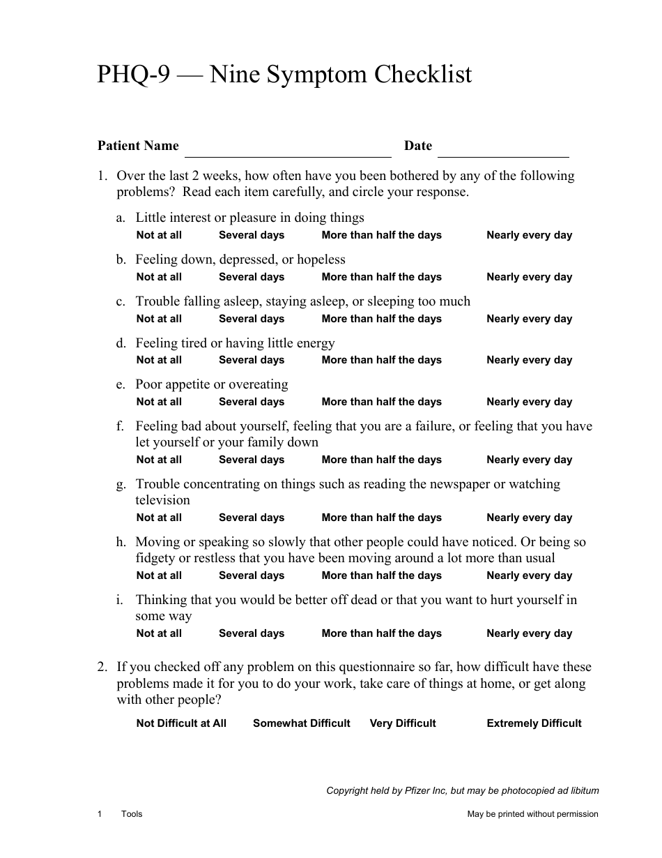Pfizer PHQ-9 Nine Symptom Checklist document image preview