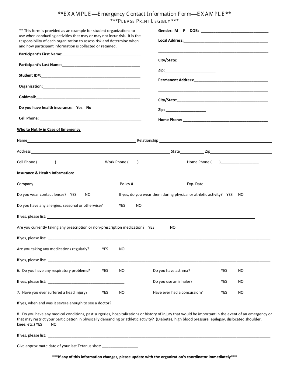 Student Organization Emergency Contact Information Form, Page 1