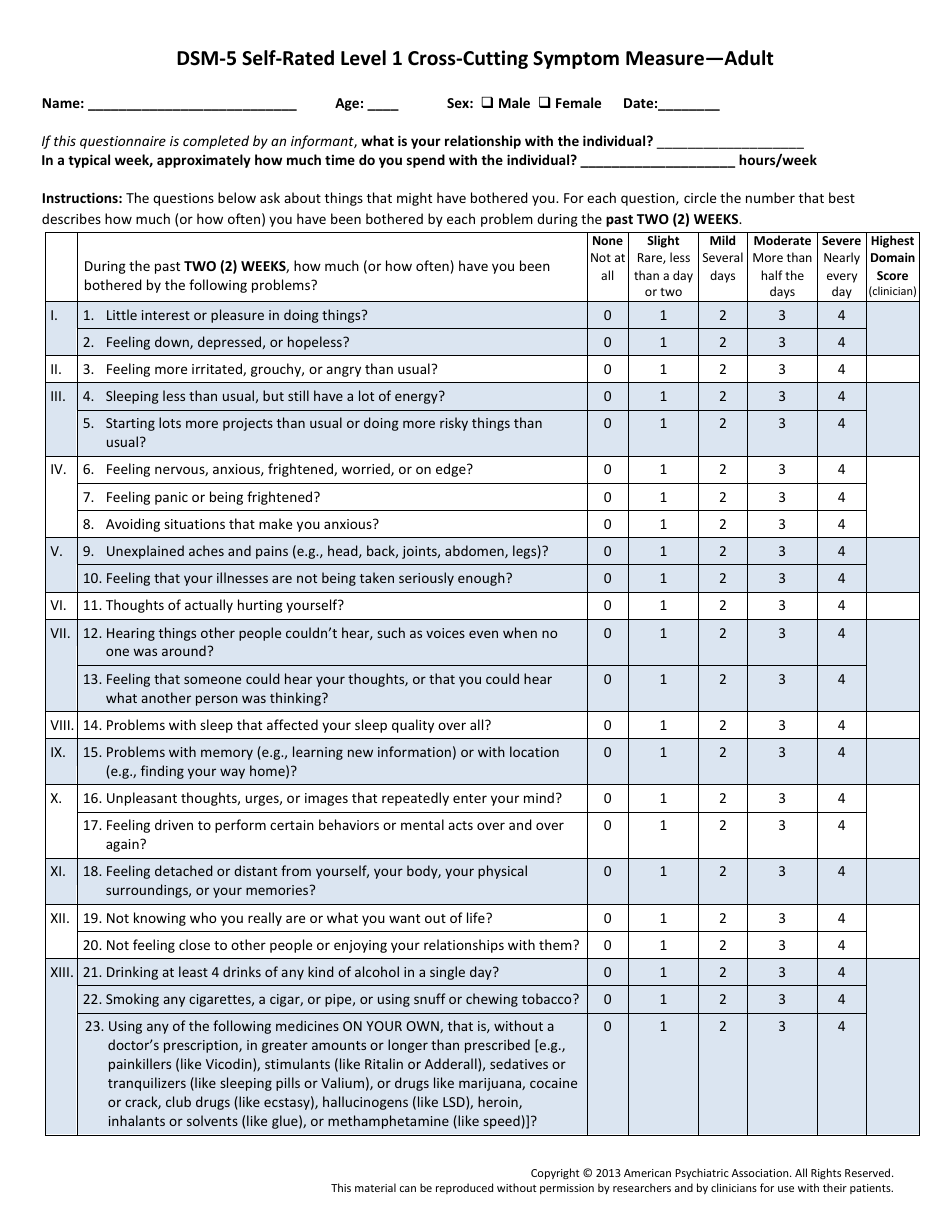 Dsm-5 Self-rated Level 1 Cross-cutting Symptom Measure: Adult ...