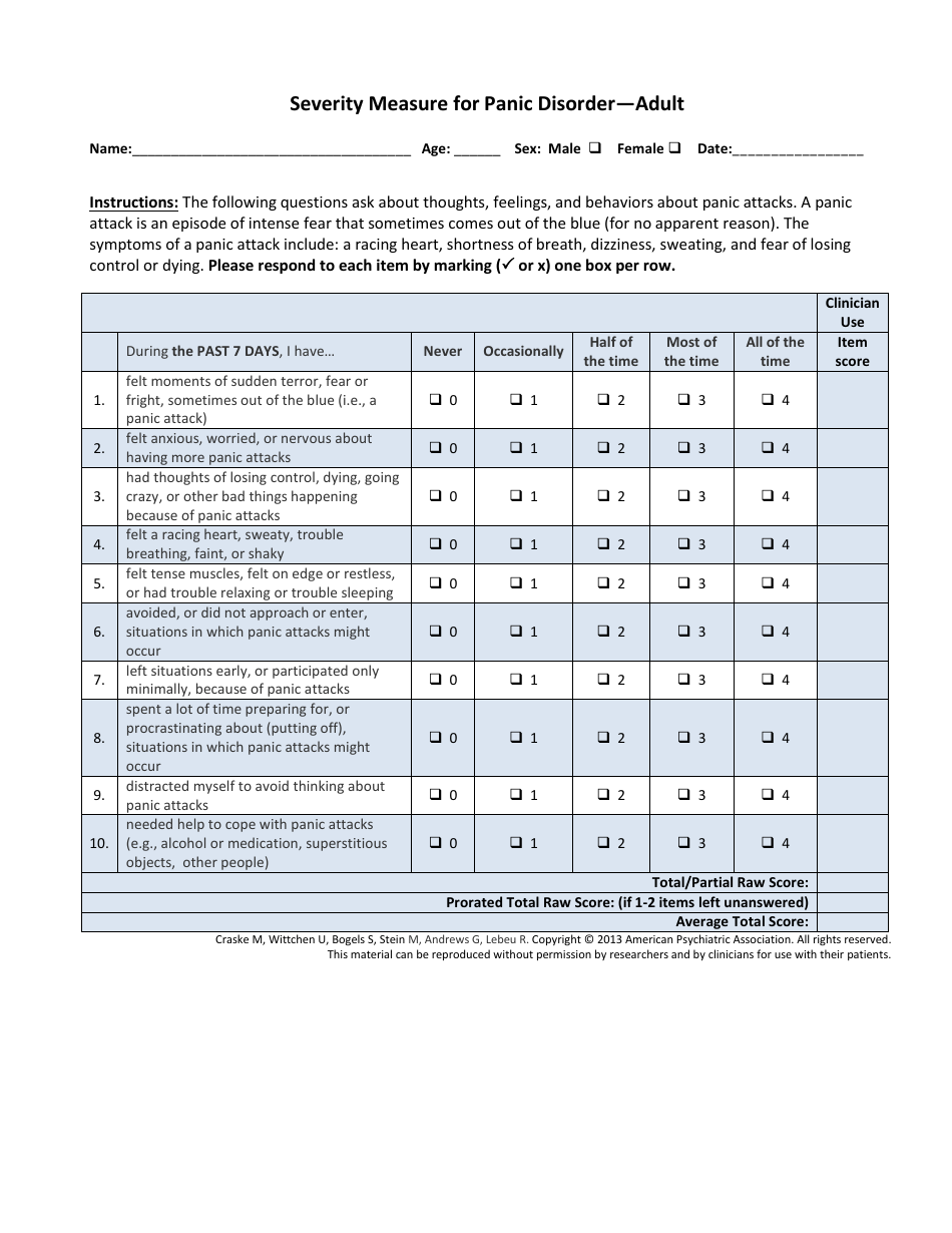 Severity Measure For Panic Disorder: Adult - American Psychiatric ...