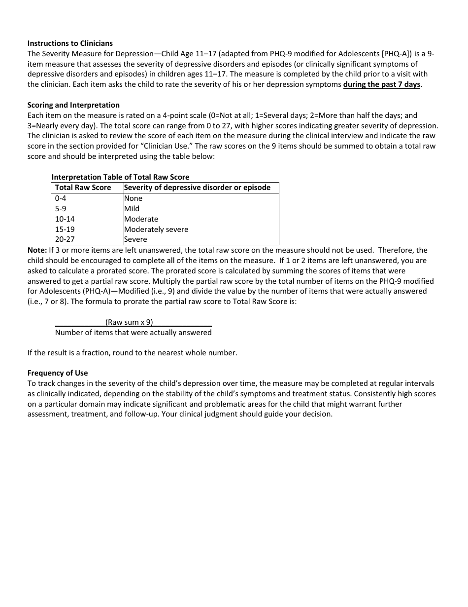 Severity Measure For Depression Child Age 11 17 American Psychiatric