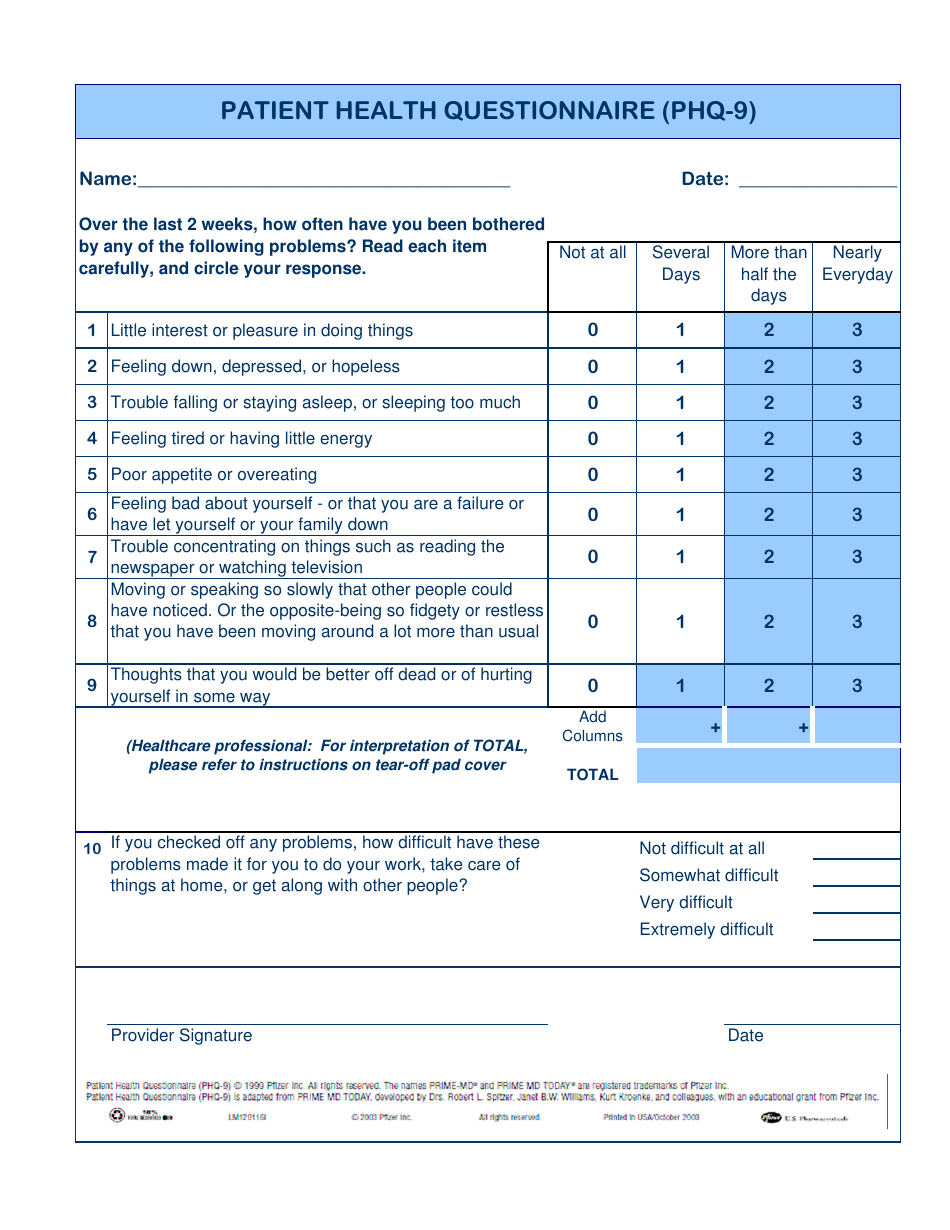 Phq 9 Quick Depression Assessment Pfizer Download Printable PDF 