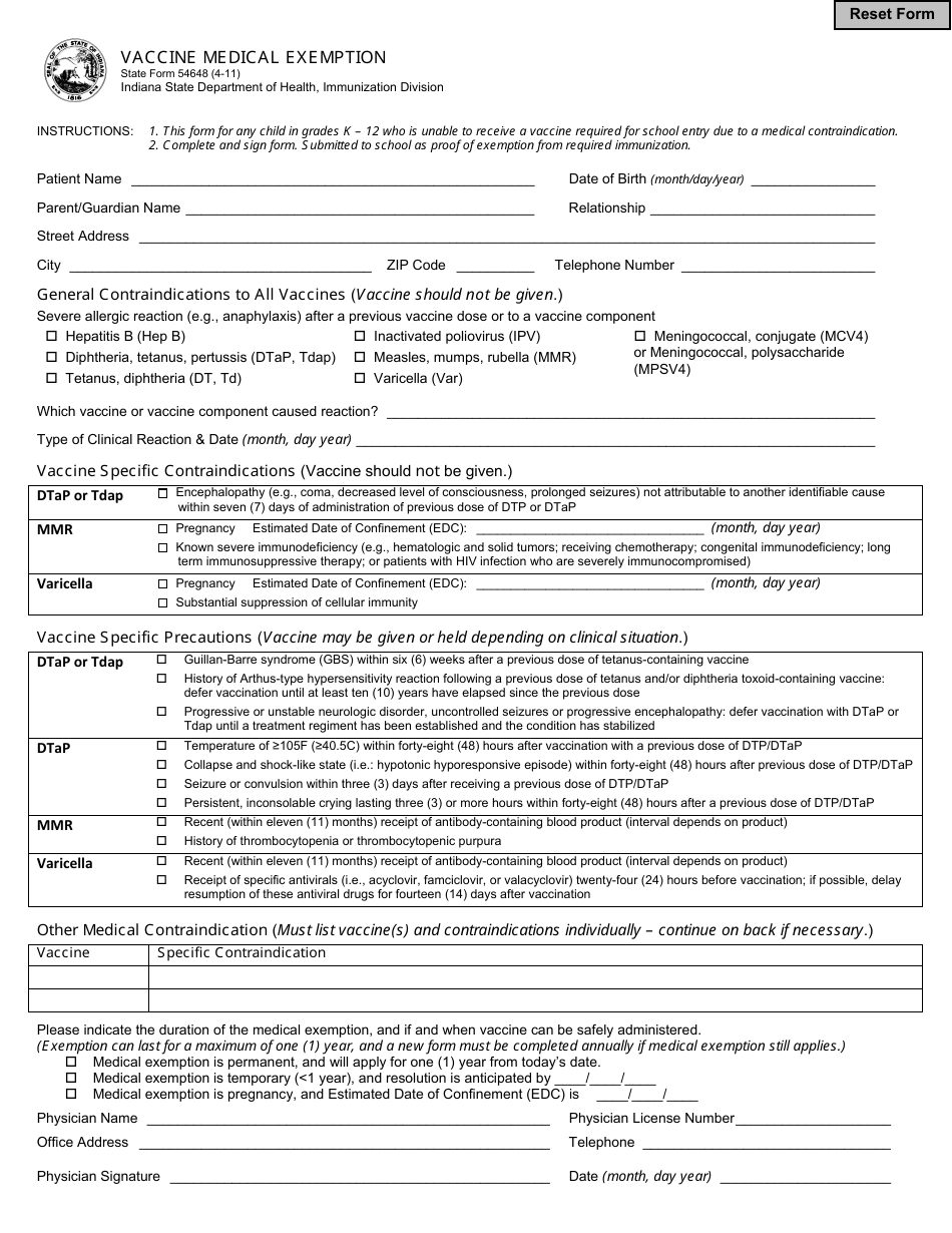 State Form 54648 Vaccine Medical Exemption - Indiana, Page 1