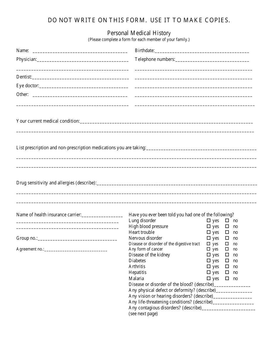 Personal Medical History Document Template
