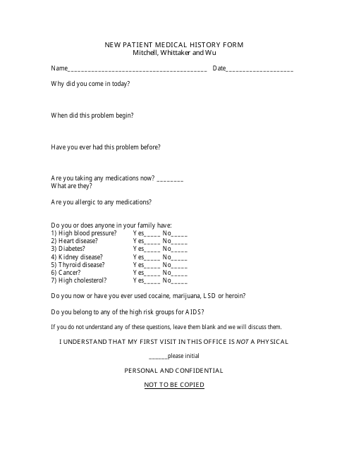 New Patient Medical History Form - Mitchell, Whittaker and Wu Download Pdf