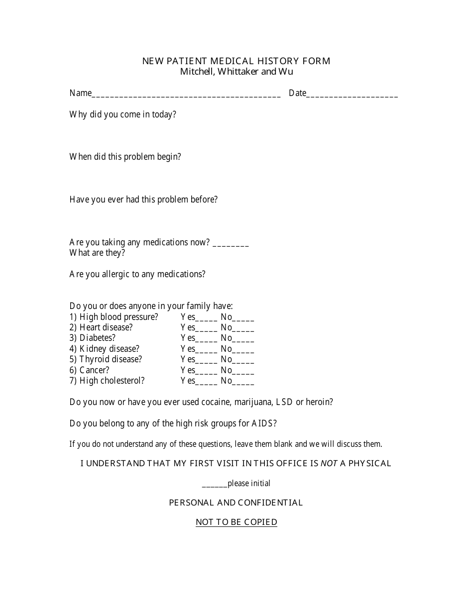 New Patient Medical History Form - Mitchell, Whittaker and Wu, Page 1