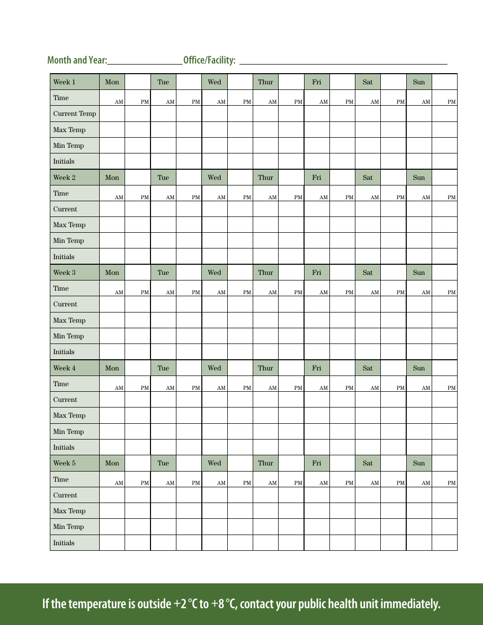 Vaccine Temperature Log Book - Queens Printer for Ontario - Ontario, Canada, Page 11