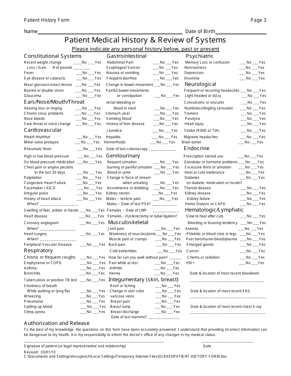 Patient History Form, Page 3