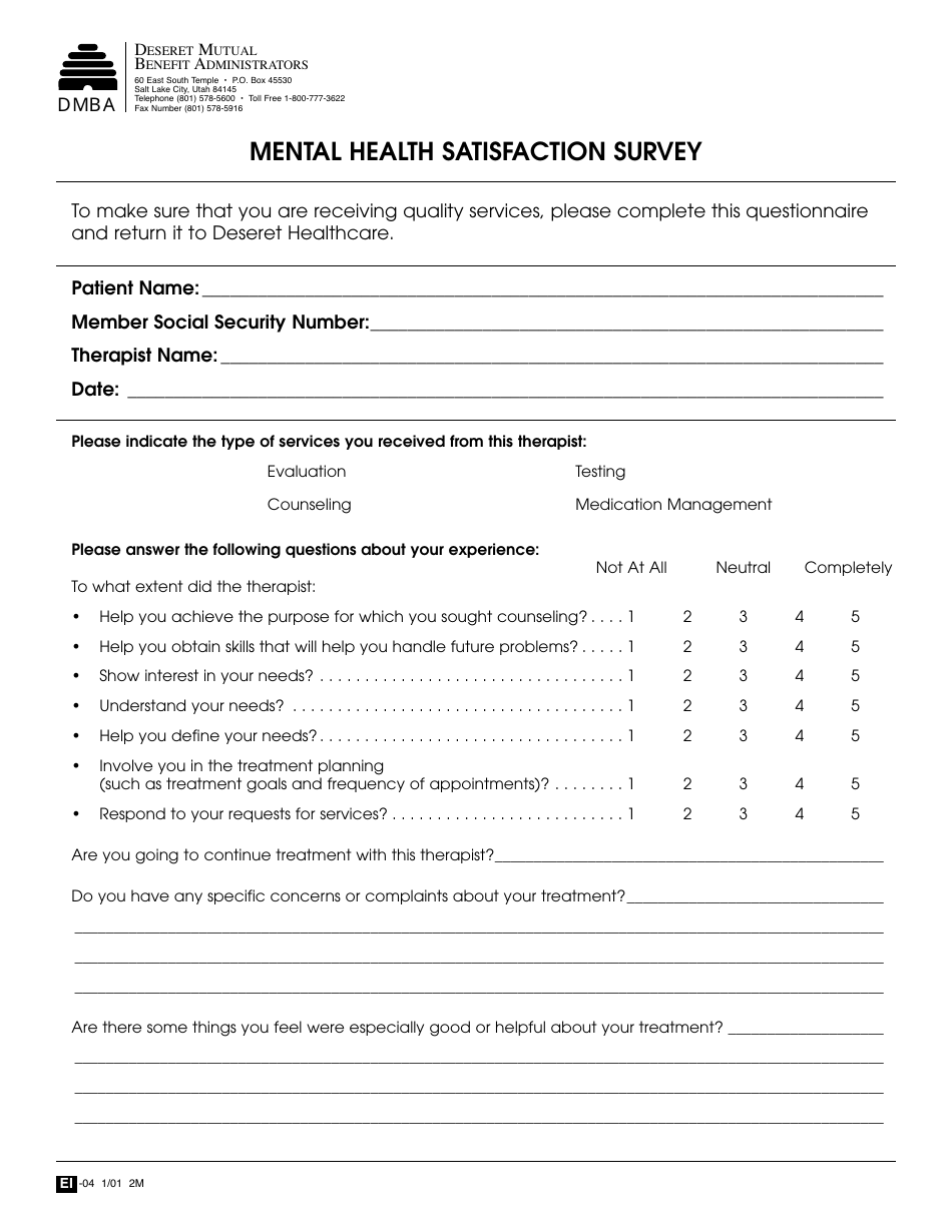 Mental Health Satisfaction Survey Download Printable PDF | Templateroller