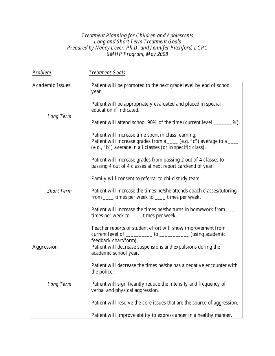 treatment plan goals for problem solving