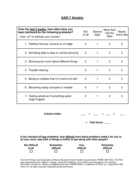 Gad-7 Anxiety and Phq-9 Depression Assessment Chart