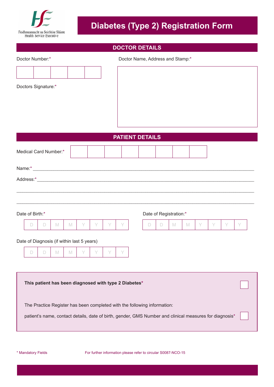 Diabetes (Type 2) Registration Form, Page 1