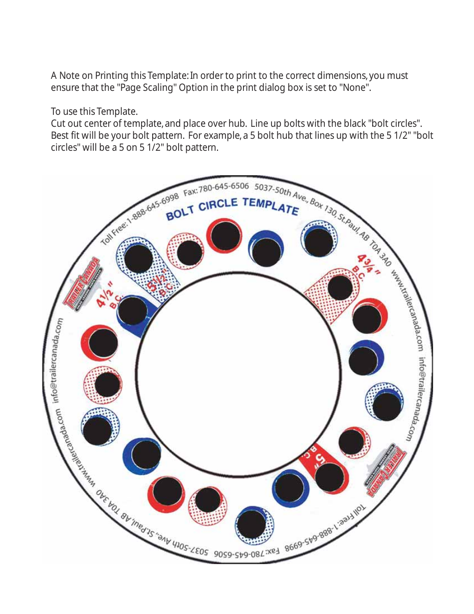 Bolt Circle Template - Trailer Canada image preview for accurate measurements and markings on bolt circles for trailers' wheels and hubs. This high-quality template simplifies the process of centering holes for drilling or alignment, ensuring a perfect fit. Suitable for Canadians looking to maintain their trailer wheels and hubs precisely.