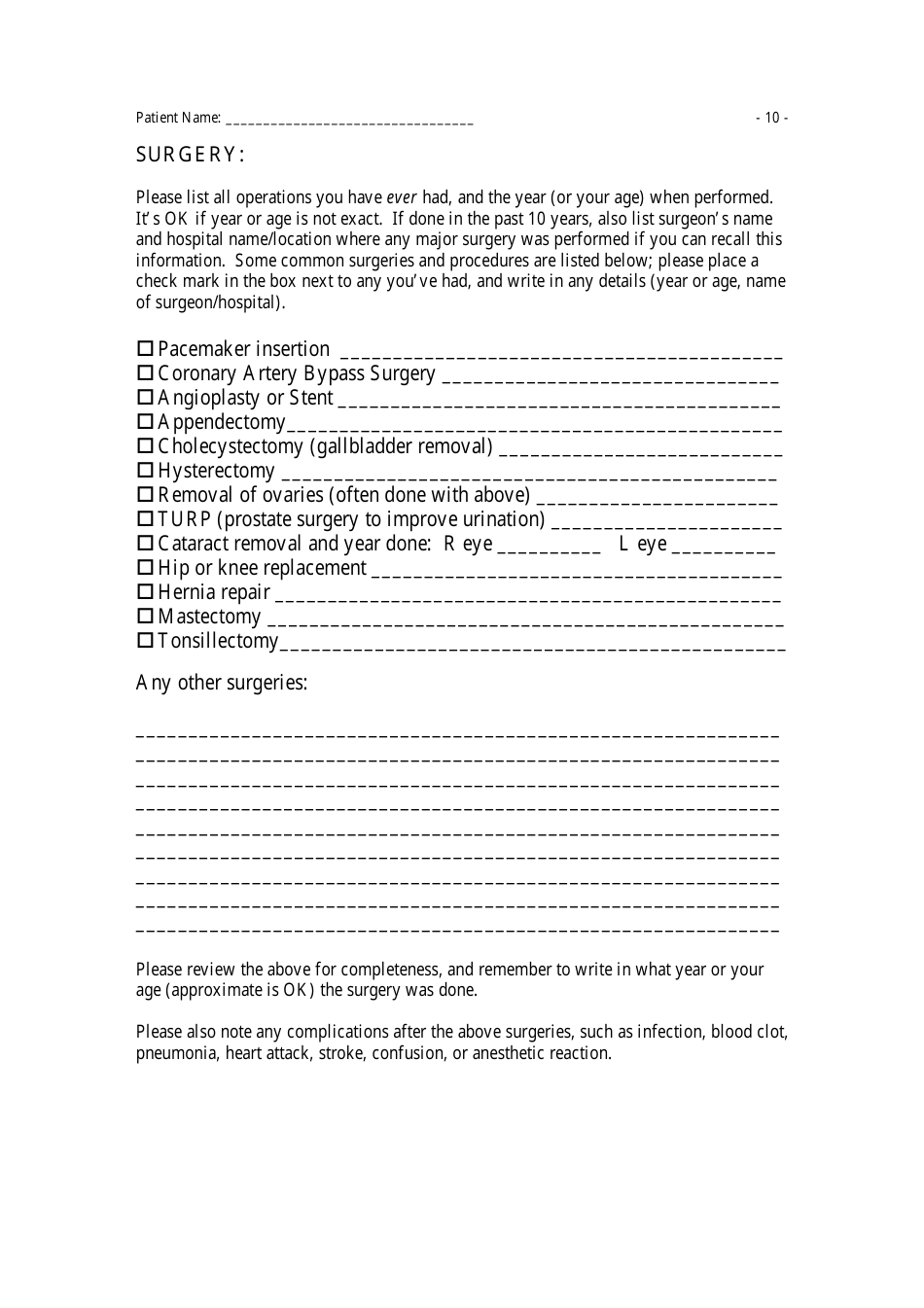 Medical History Questionnaire, Page 10