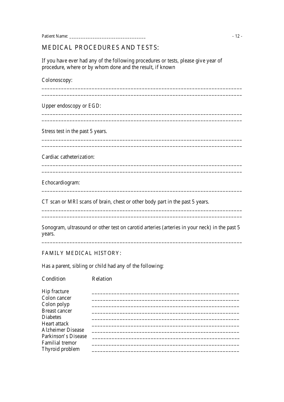 Medical History Questionnaire, Page 12