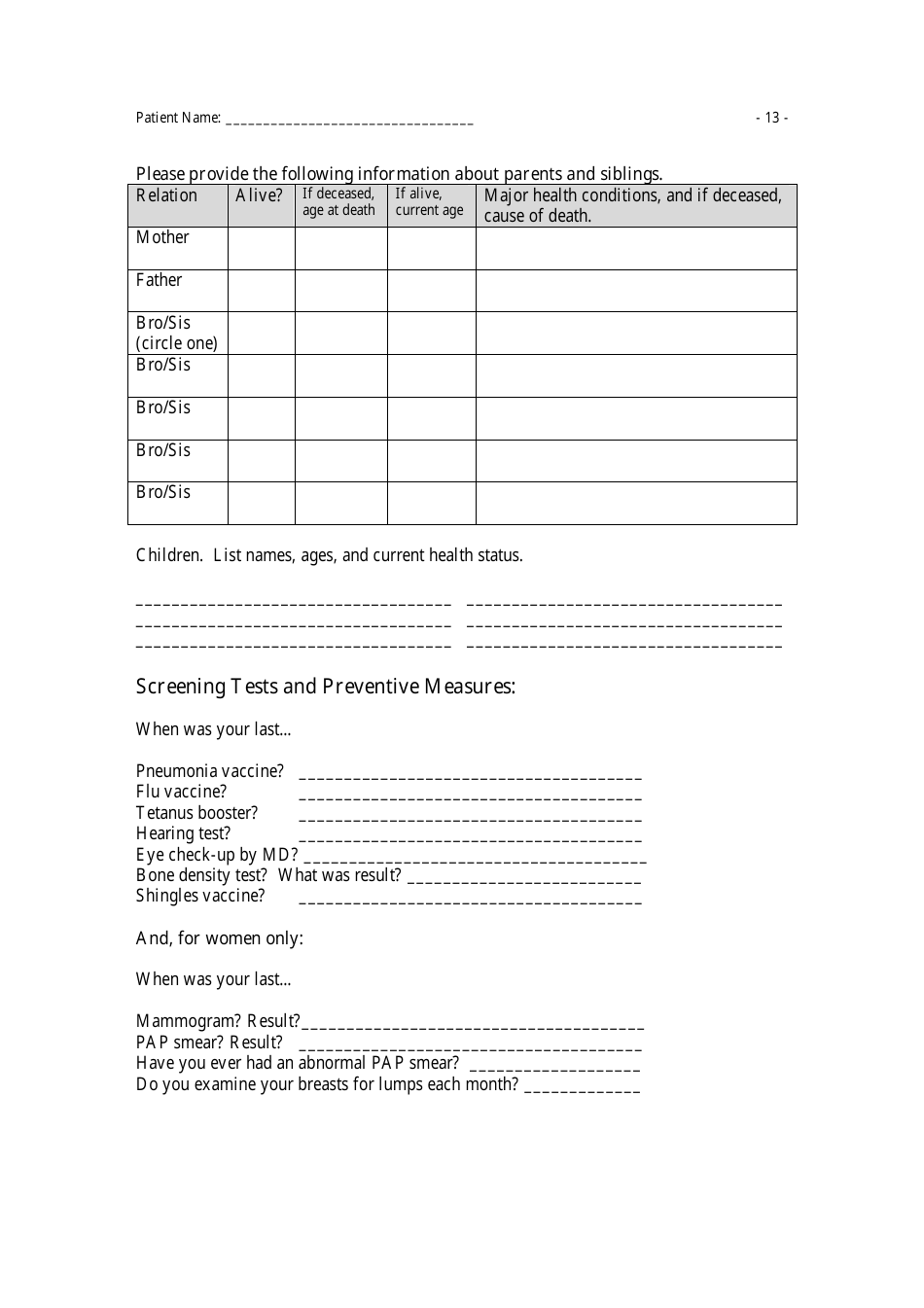 Medical History Questionnaire, Page 13