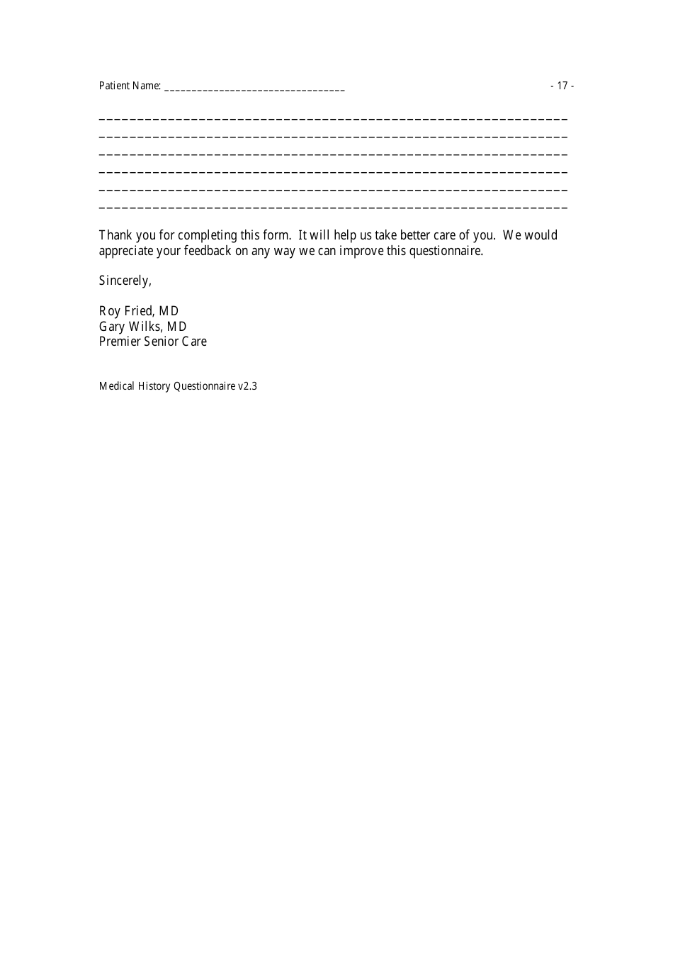Medical History Questionnaire, Page 17