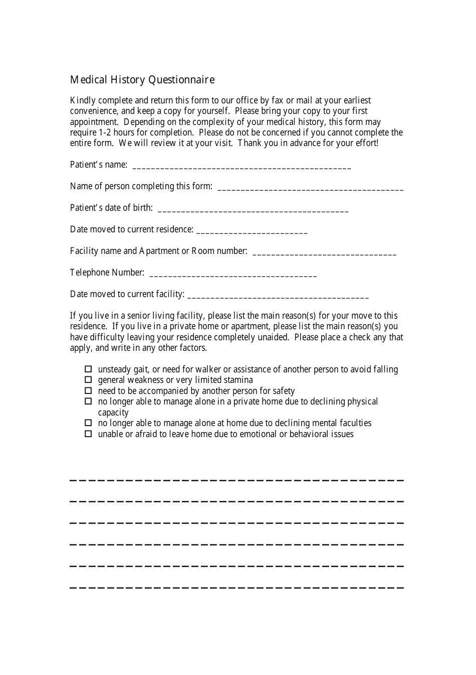 A blank Medical History Questionnaire form template with a doctor examining a patient