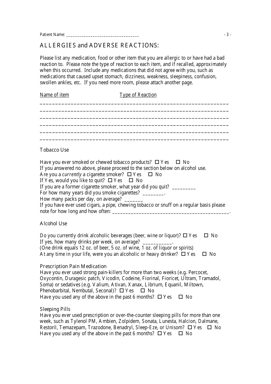 Medical History Questionnaire, Page 3