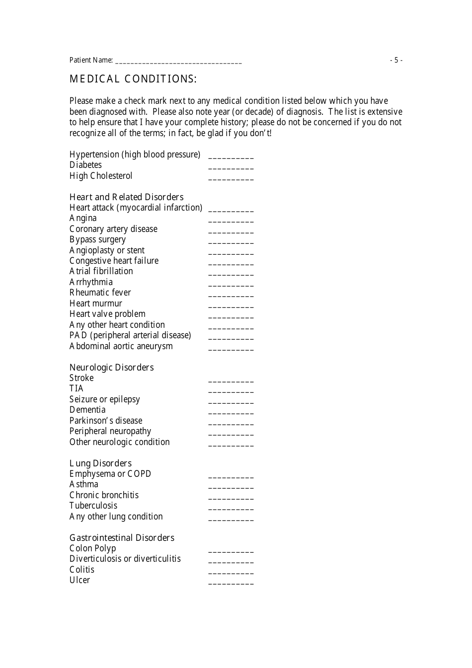 Medical History Questionnaire, Page 5