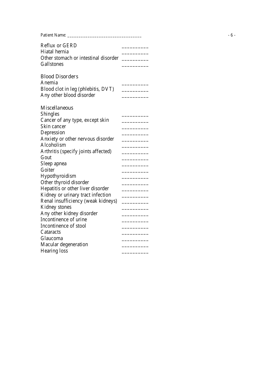 Medical History Questionnaire, Page 6