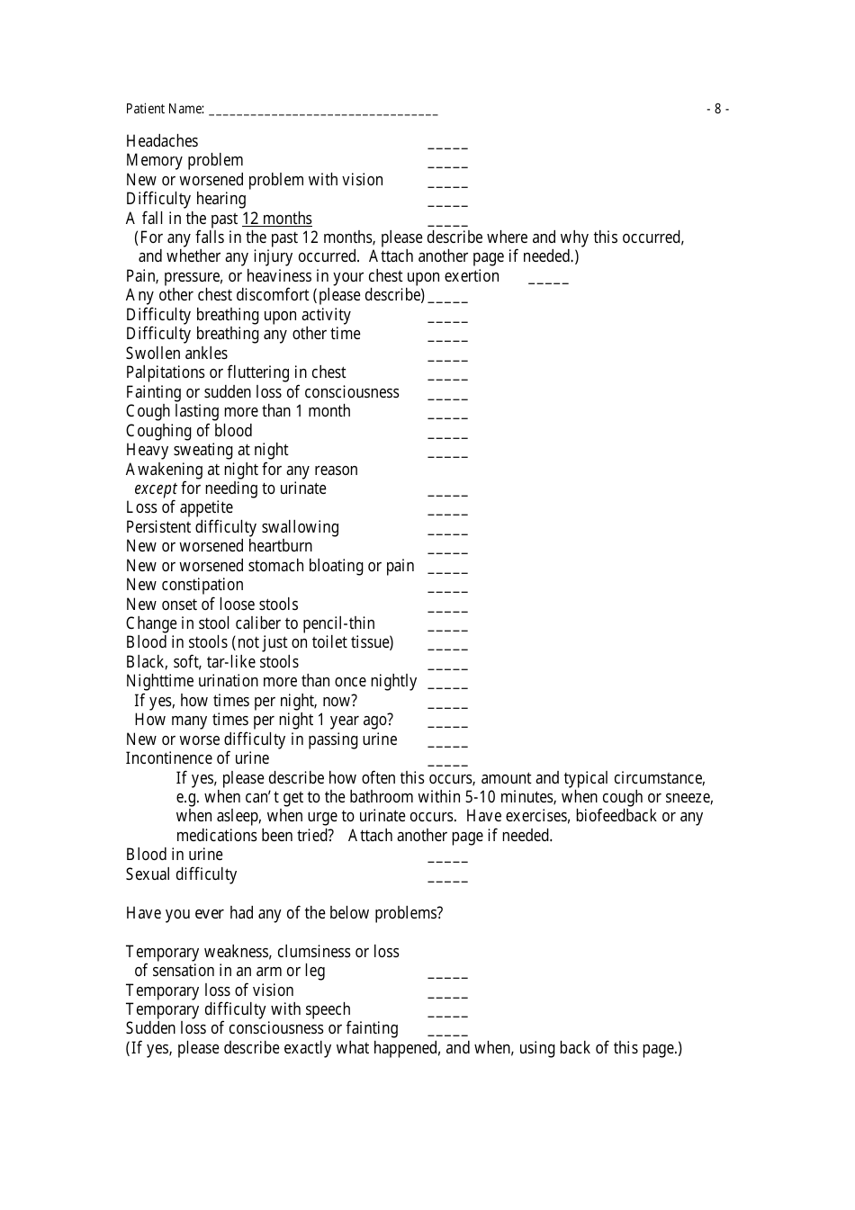 Medical History Questionnaire, Page 8