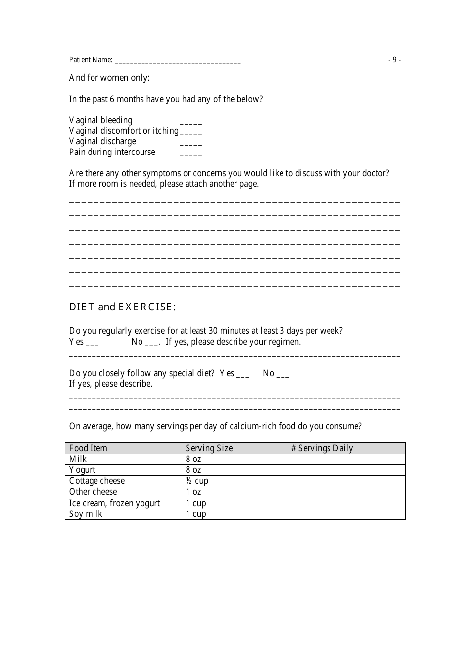 Medical History Questionnaire, Page 9